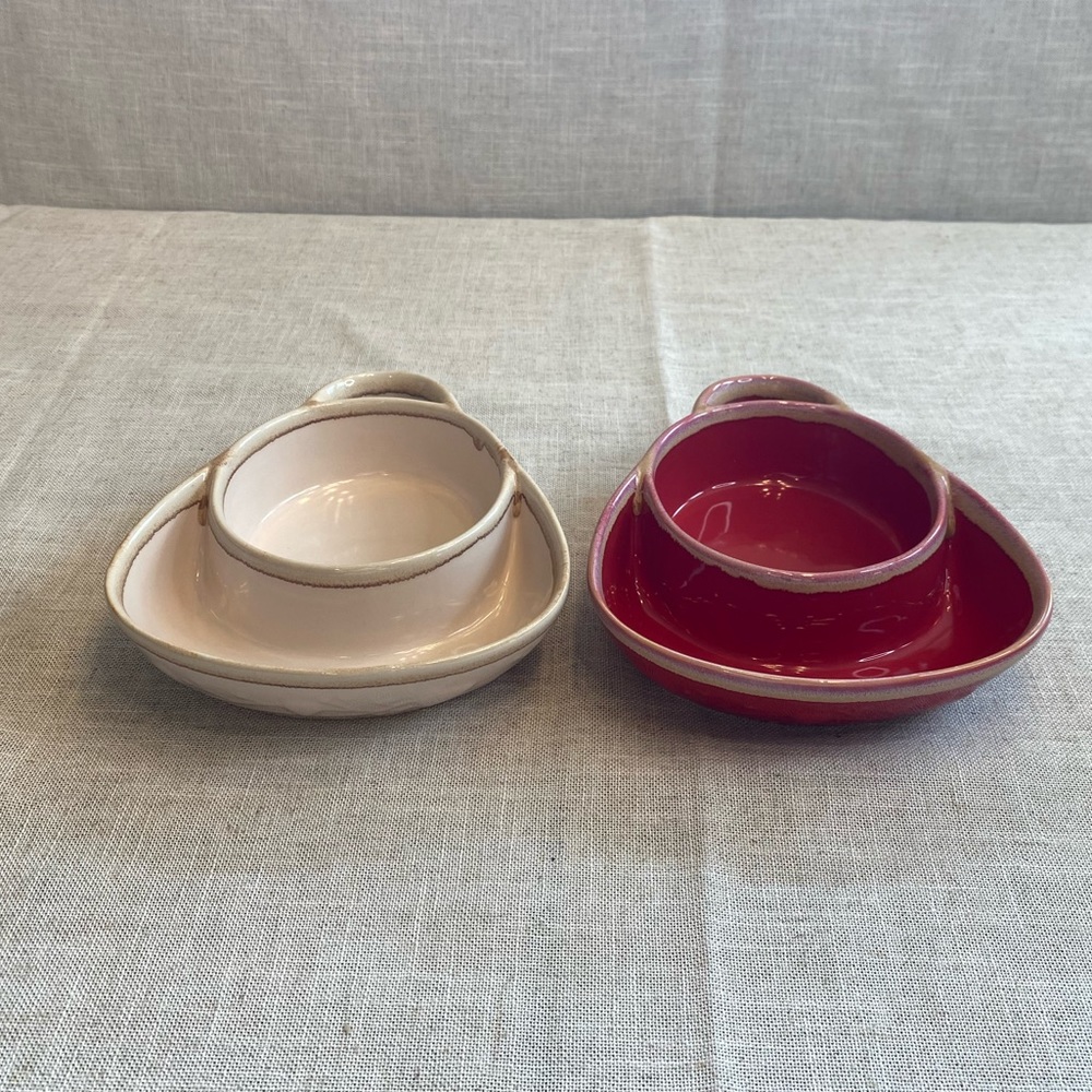 Two stoneware drip glaze divided soup/cracker, chip/dip salsa bowl with handle.